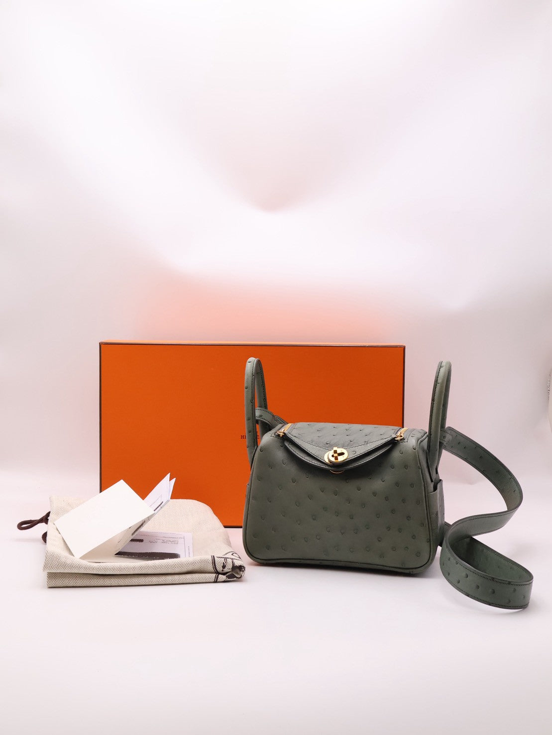 HERMES Mini Lindy - Vert Amande 63 鴕鳥皮杏仁綠金 U
