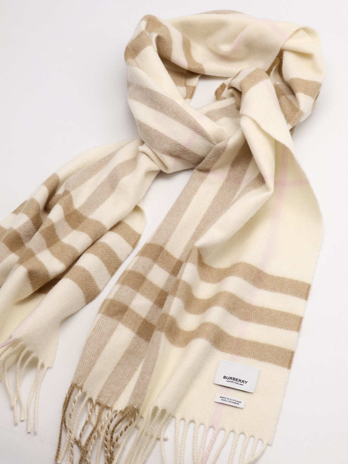 BURBERRY 經典格紋流蘇圍巾 - 米