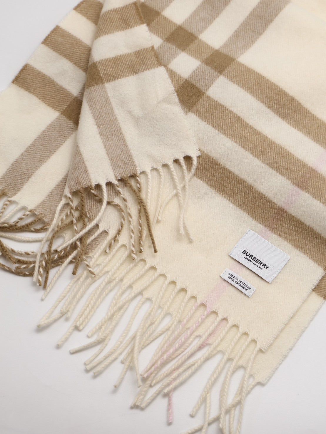 BURBERRY 經典格紋流蘇圍巾 - 米
