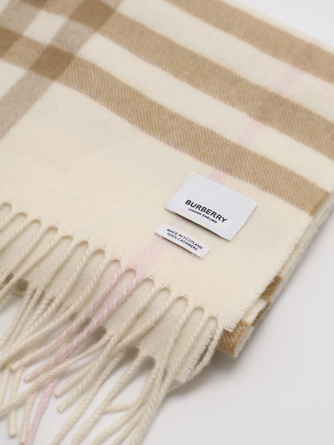 BURBERRY 經典格紋流蘇圍巾 - 米