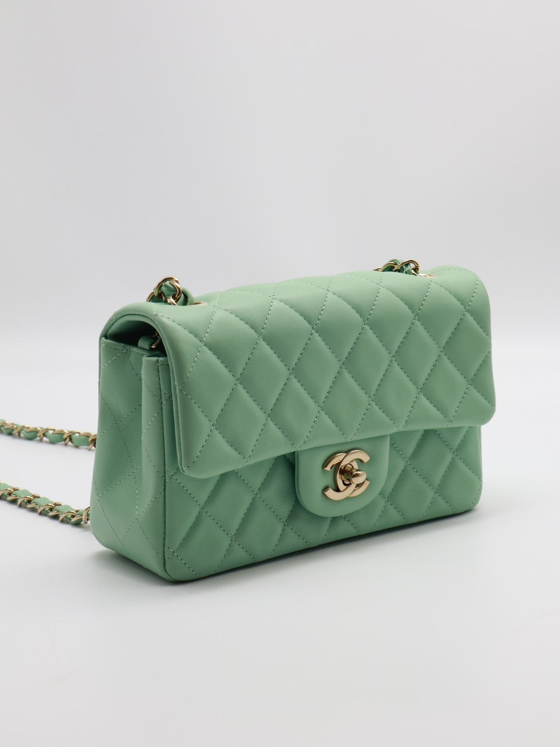 CHANEL 經典口蓋包Mini CF20 - 粉綠金