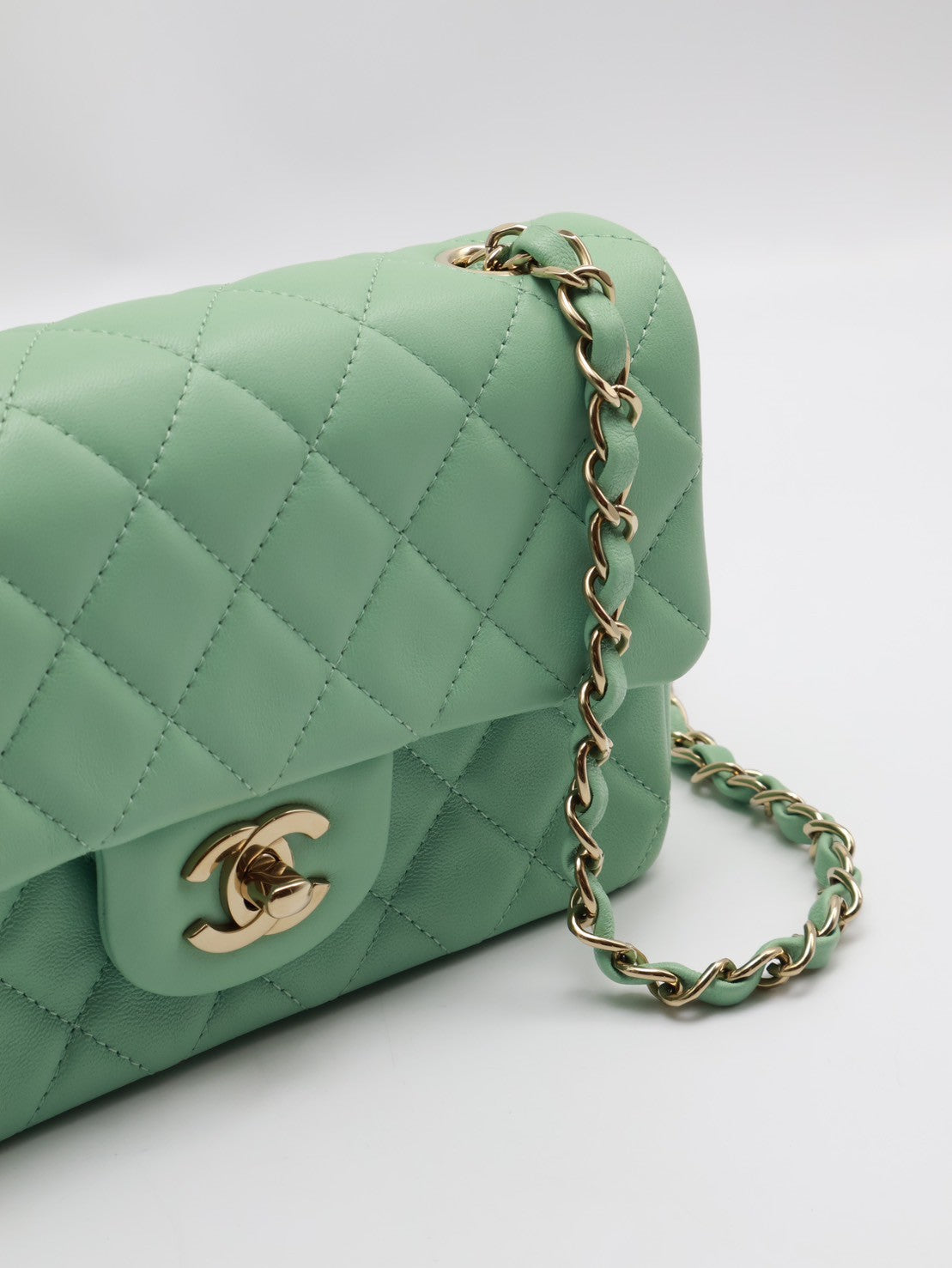 CHANEL 經典口蓋包Mini CF20 - 粉綠金