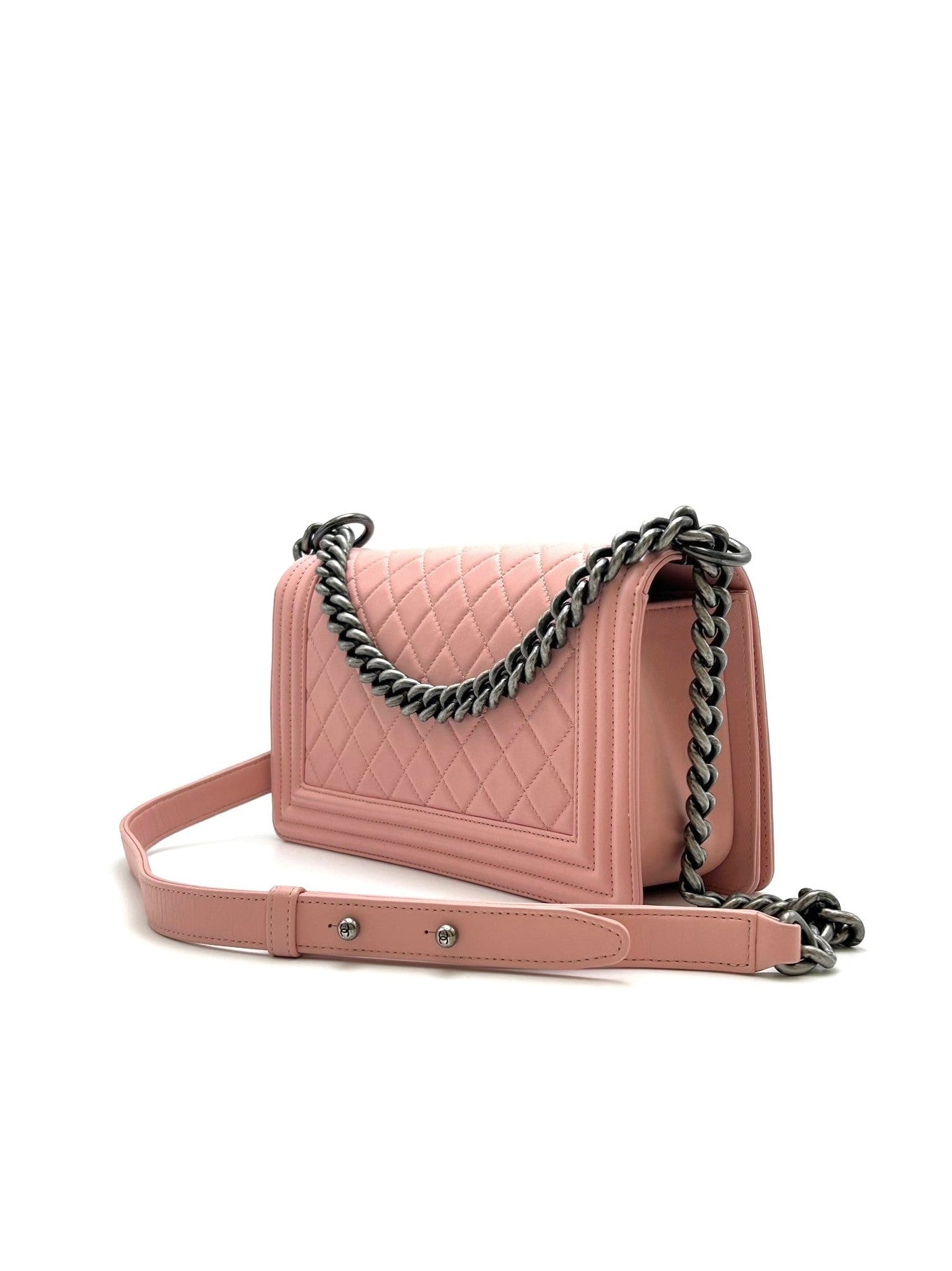 CHANEL Boy25 牛皮口蓋包 - 粉銀20開