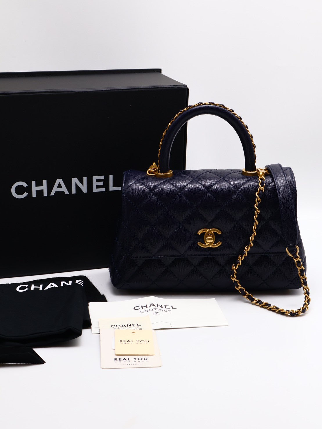 CHANEL Coco handle皮穿鍊手柄 - 小號深藍金