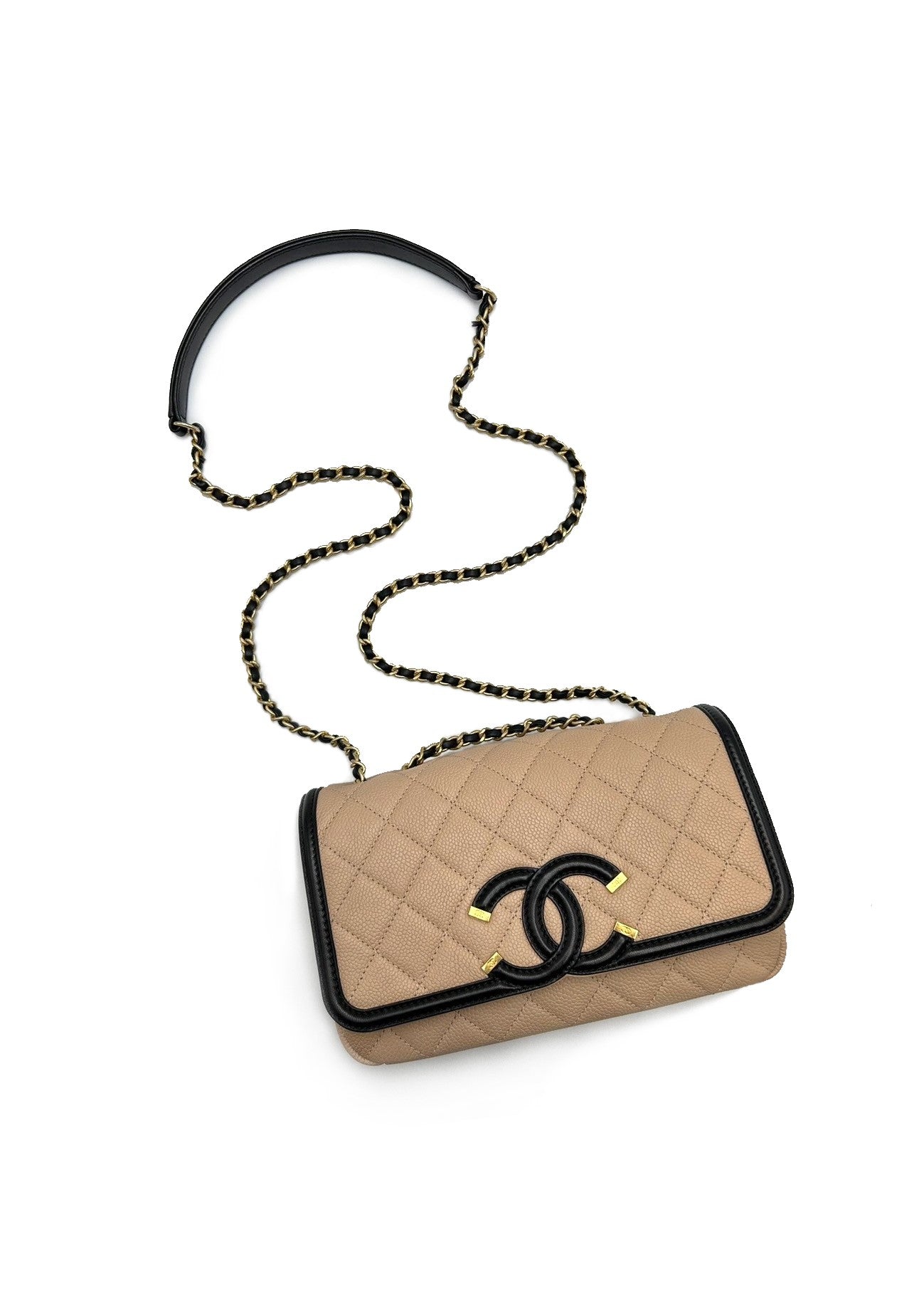 CHANEL 雙C口蓋包 - 奶茶金24開