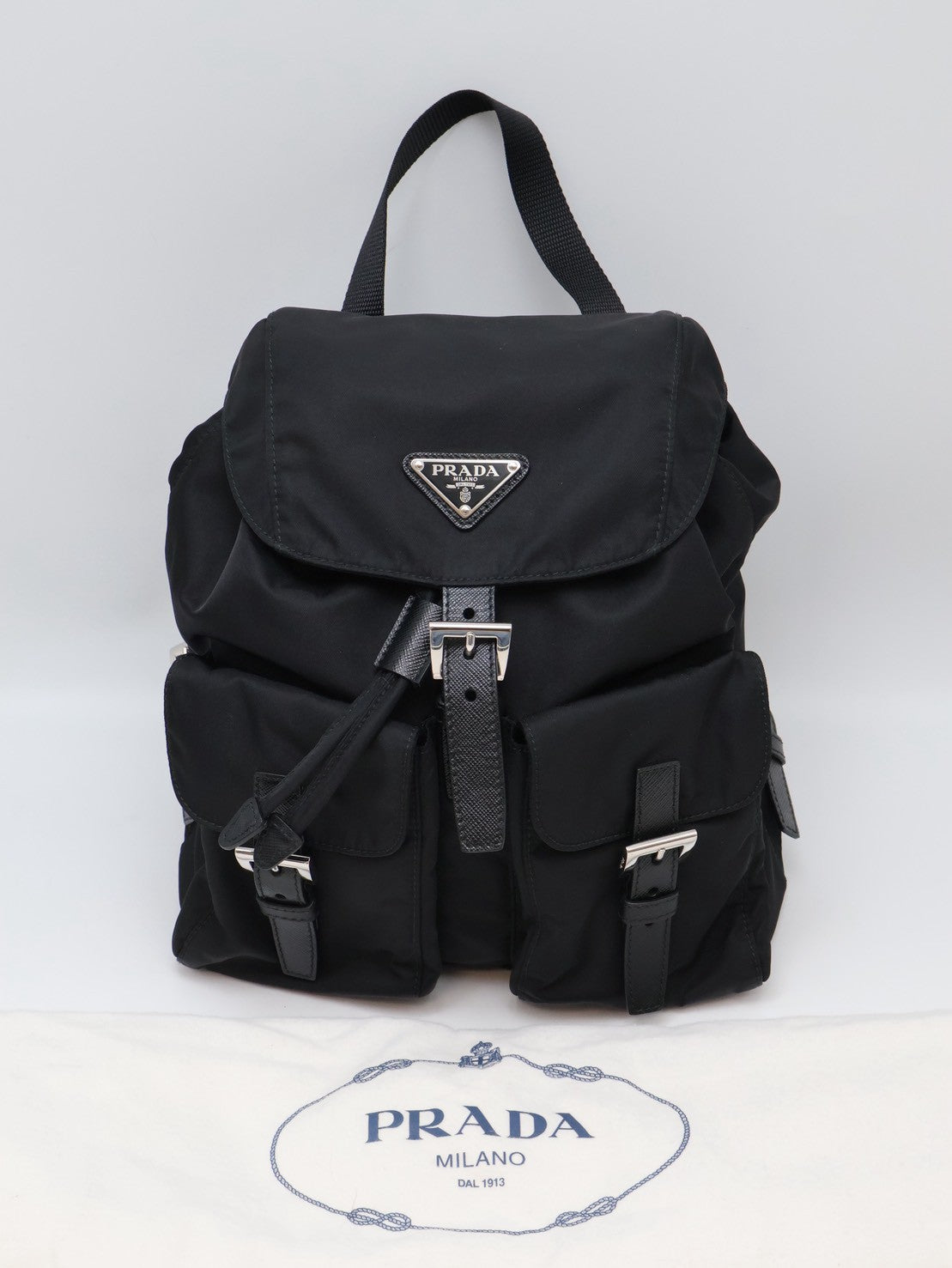 PRADA Re-Nylon雙口袋束繩後背包 - 小號黑銀