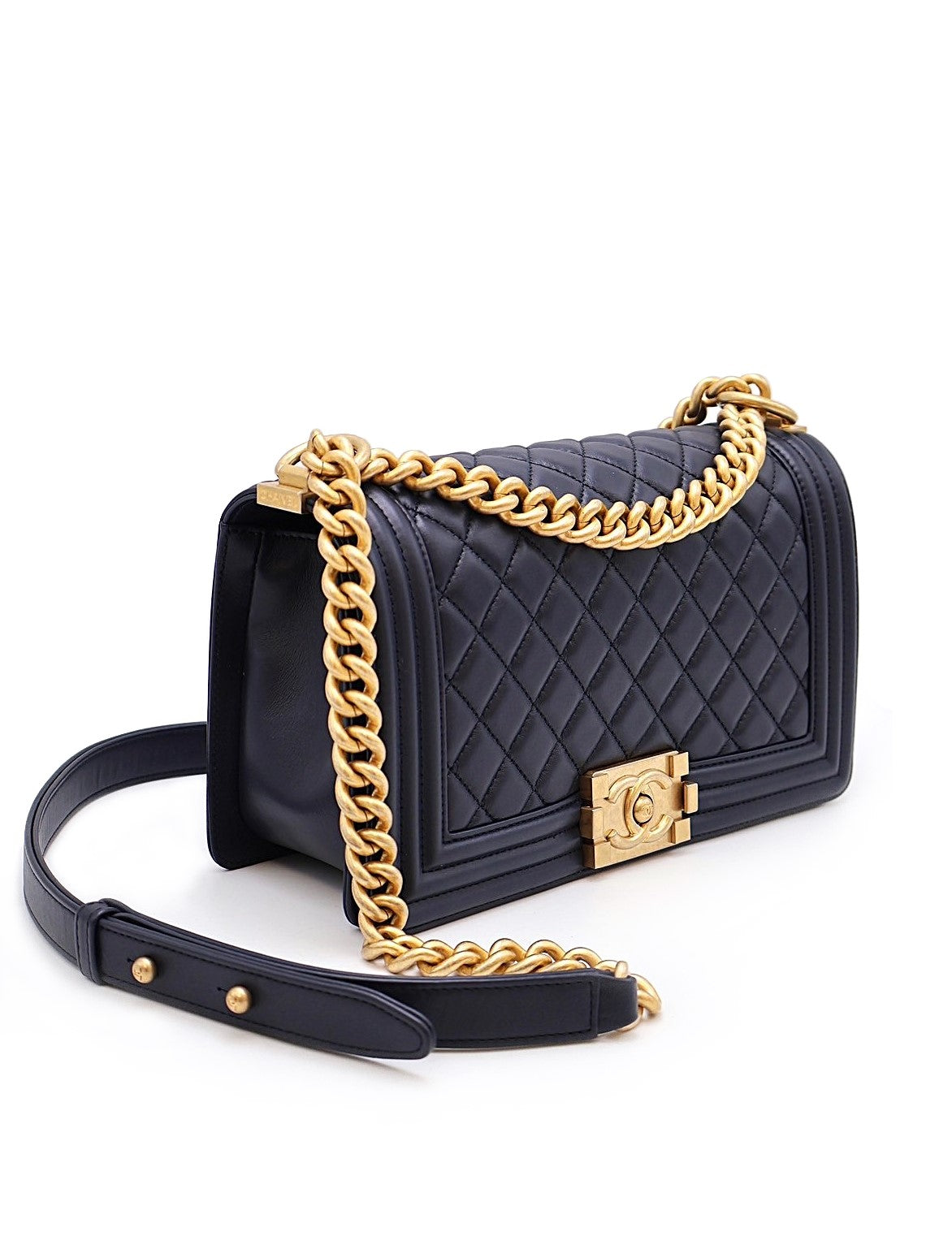 CHANEL Boy25 牛皮口蓋包- 深藍金28開