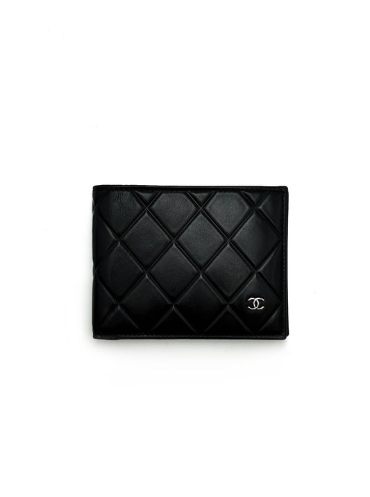 CHANEL 經典菱格紋小牛皮皮夾 - 黑銀30開