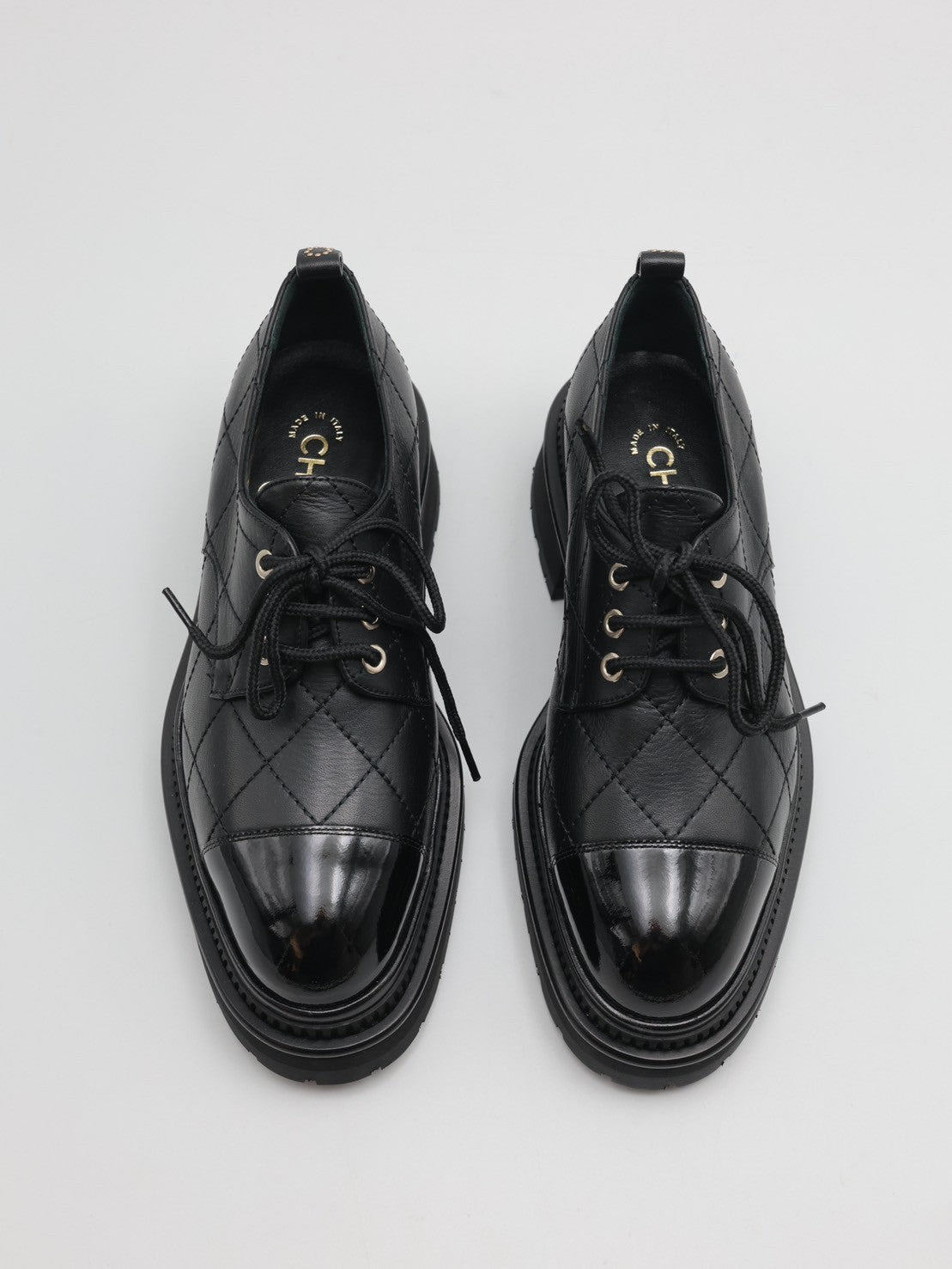 CHANEL 菱格紋厚底綁帶休閒鞋 - 黑 36.5