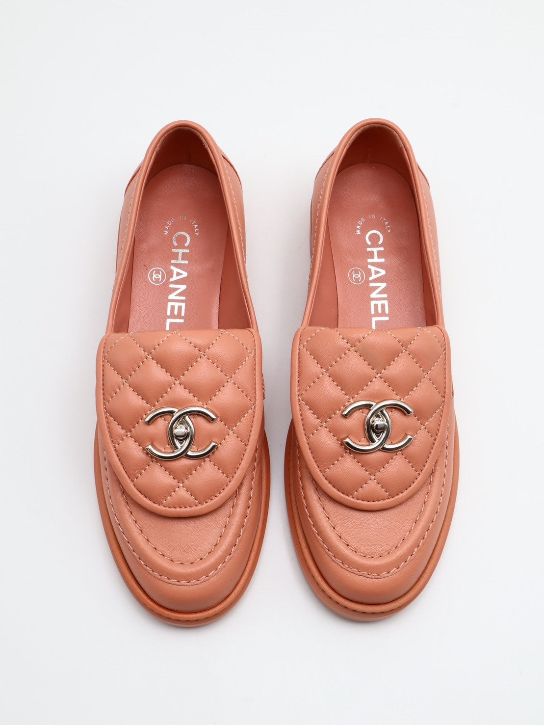 CHANEL 菱格紋厚底樂福鞋 - 珊瑚橘 36.5