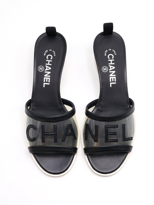 CHANEL 字母鞋面低跟拖鞋 - 黑 37