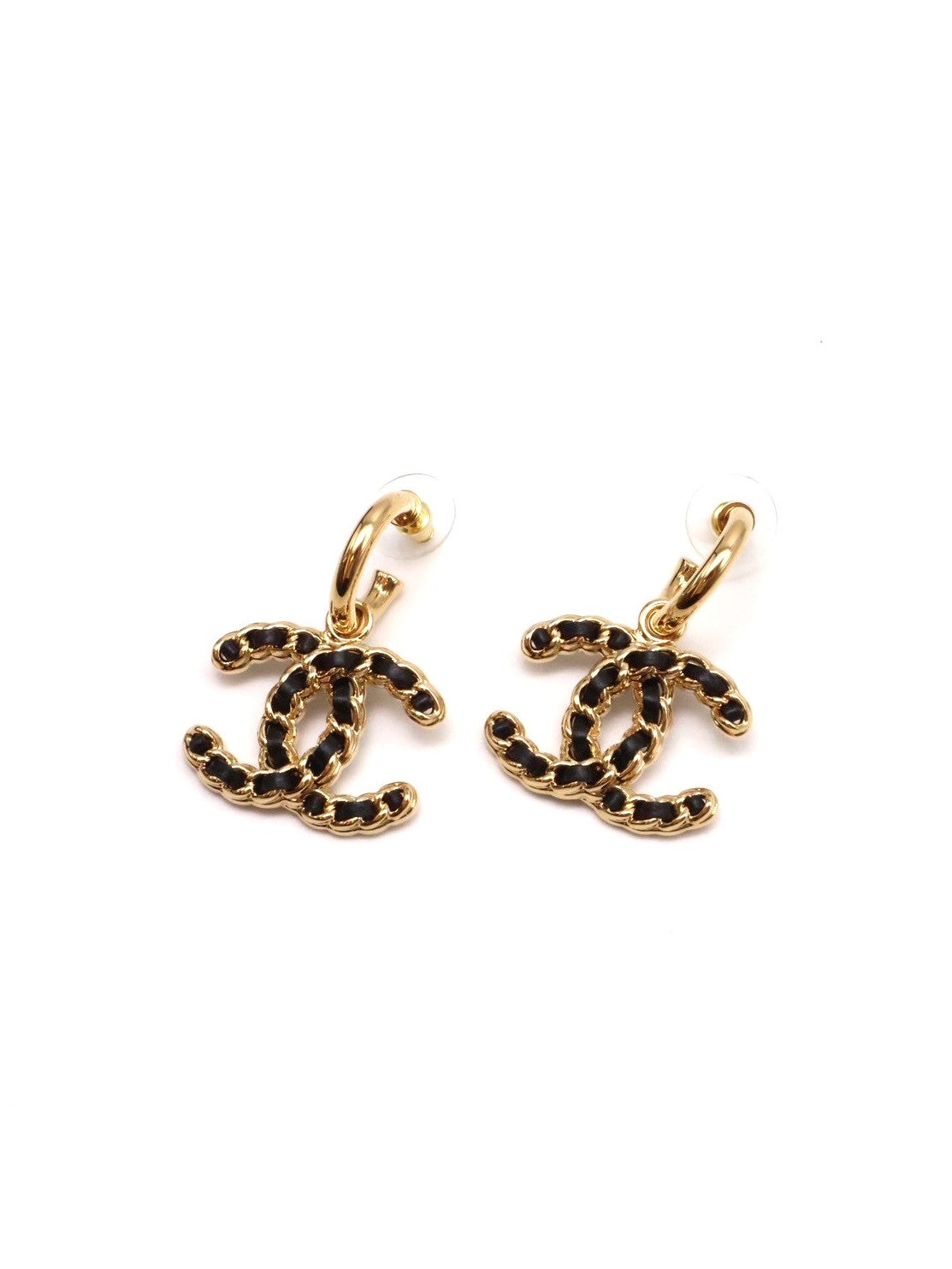 CHANEL 24K皮穿鍊雙C勾針耳環