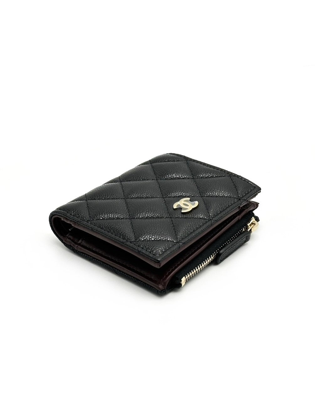 CHANEL 經典粒面牛皮雙折短夾 - 黑金