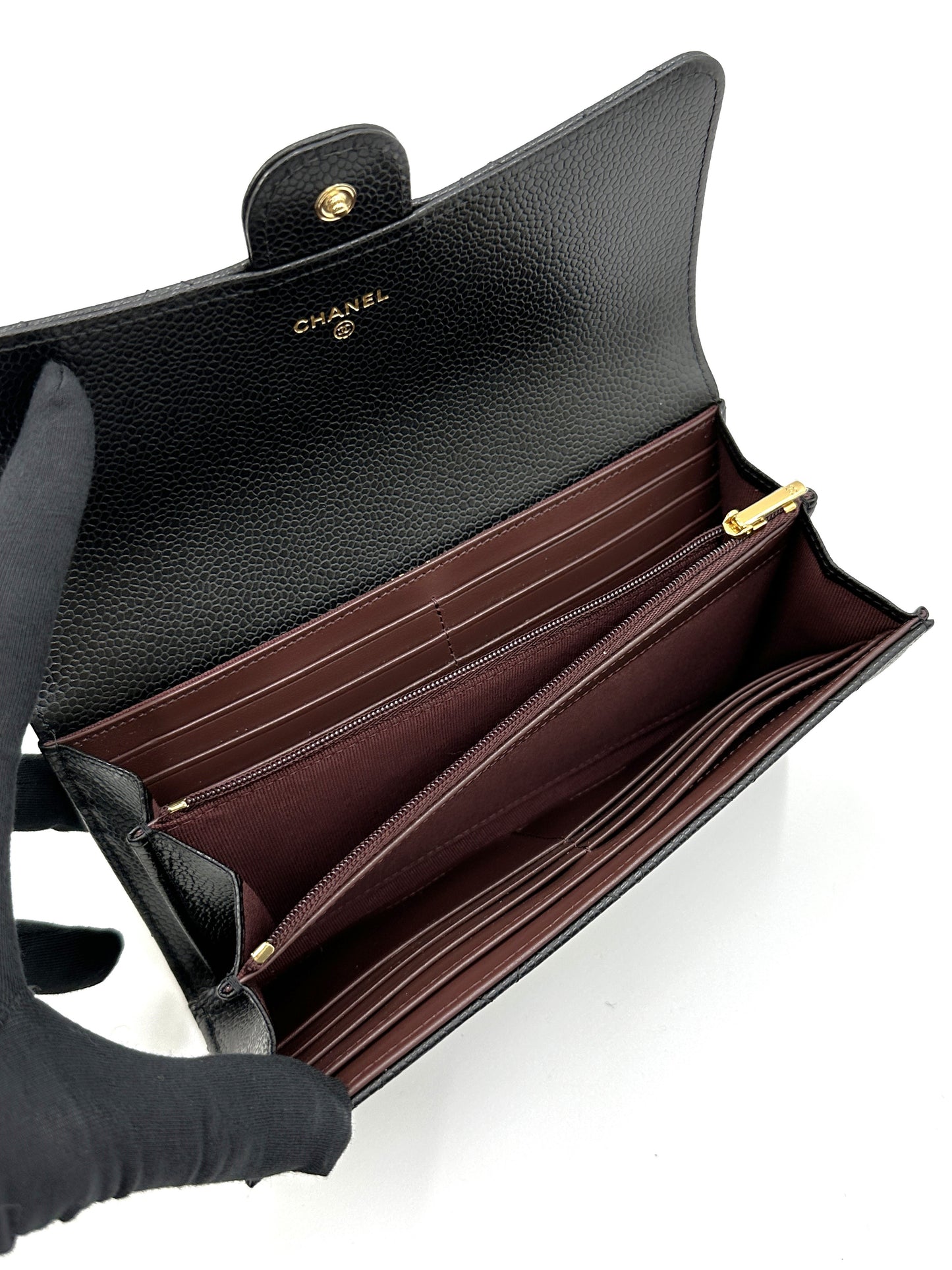 CHANEL 經典口蓋長夾 - 粒面牛皮黑金