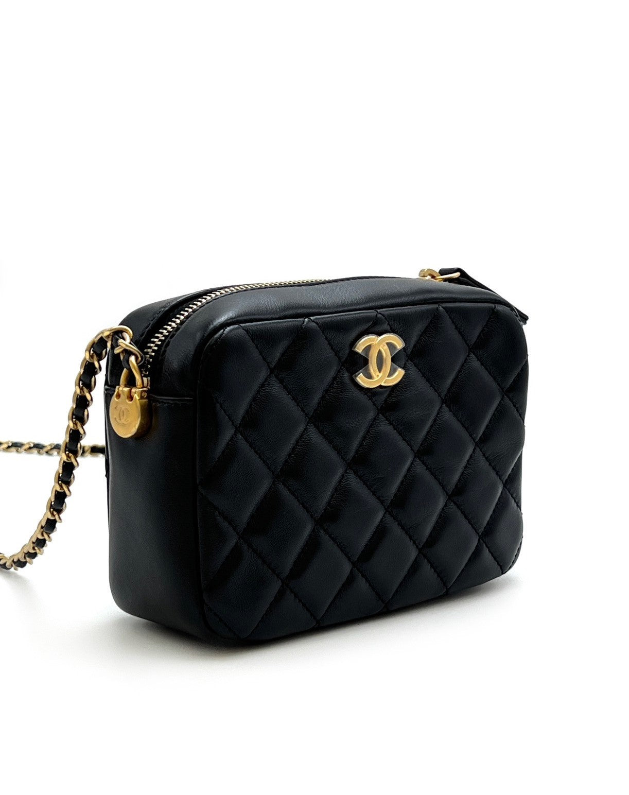 CHANEL 小羊皮迷你相機包 - 編織金球黑金