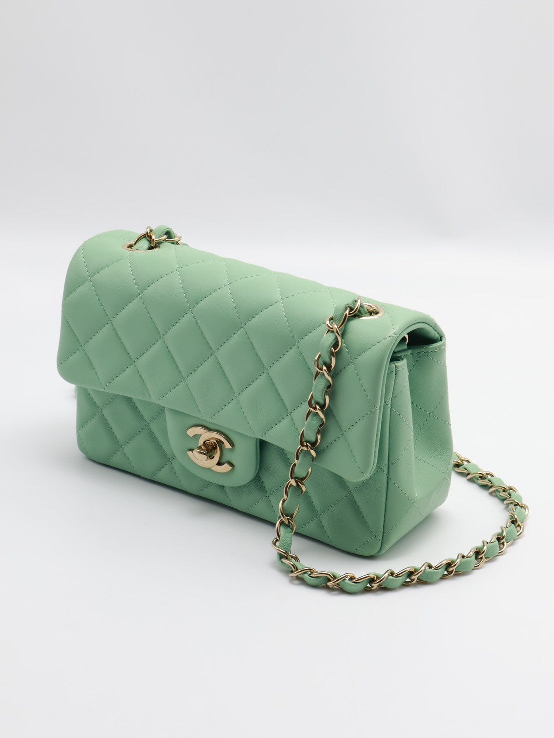 CHANEL 經典口蓋包Mini CF20 - 粉綠金