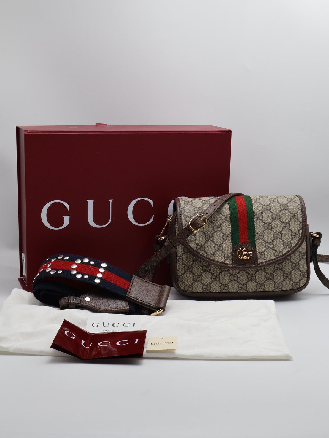 GUCCI Ophidia 紅綠織帶郵差包 - 小號烏木
