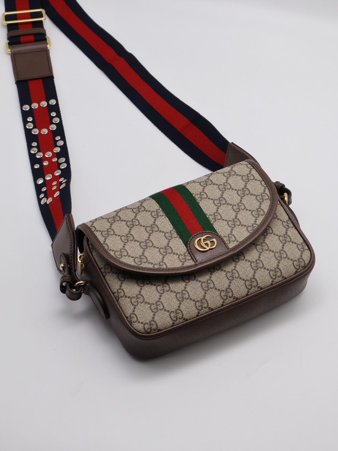 GUCCI Ophidia 紅綠織帶郵差包 - 小號烏木
