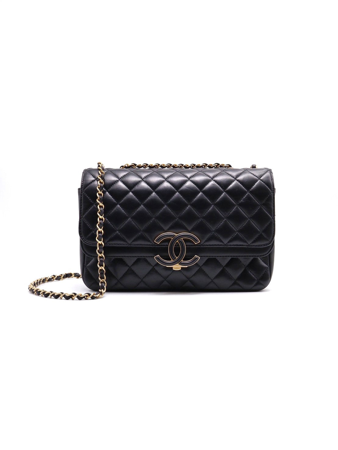 CHANEL 琺瑯釦雙層口蓋包 - 黑金26開