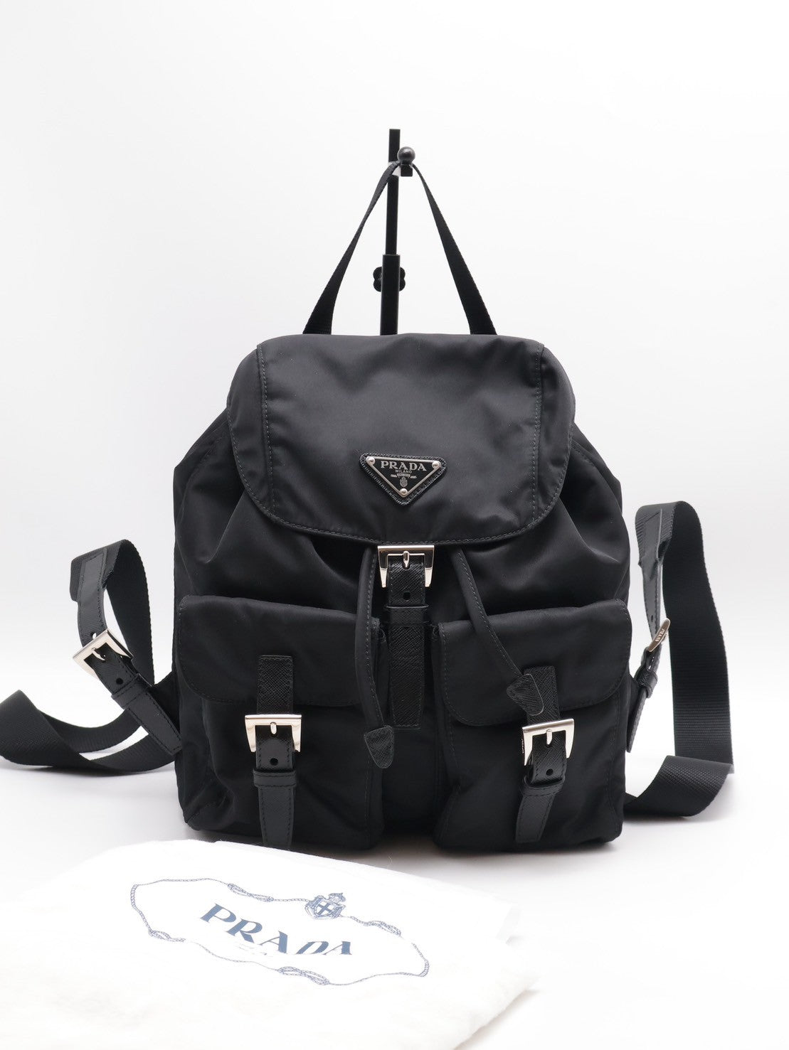 PRADA Re-Nylon雙口袋束繩後背包 - 小號黑銀