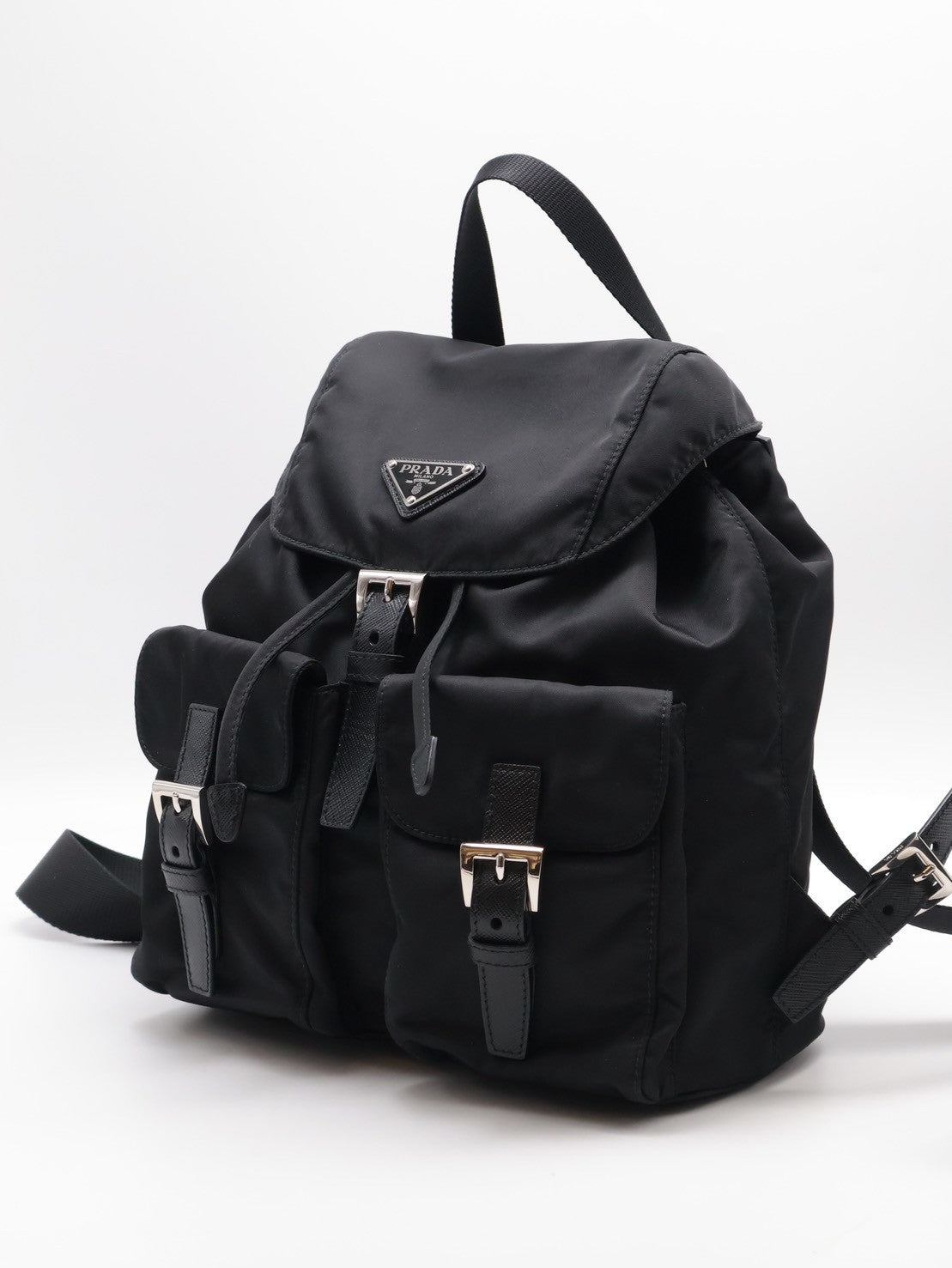 PRADA Re-Nylon雙口袋束繩後背包 - 小號黑銀