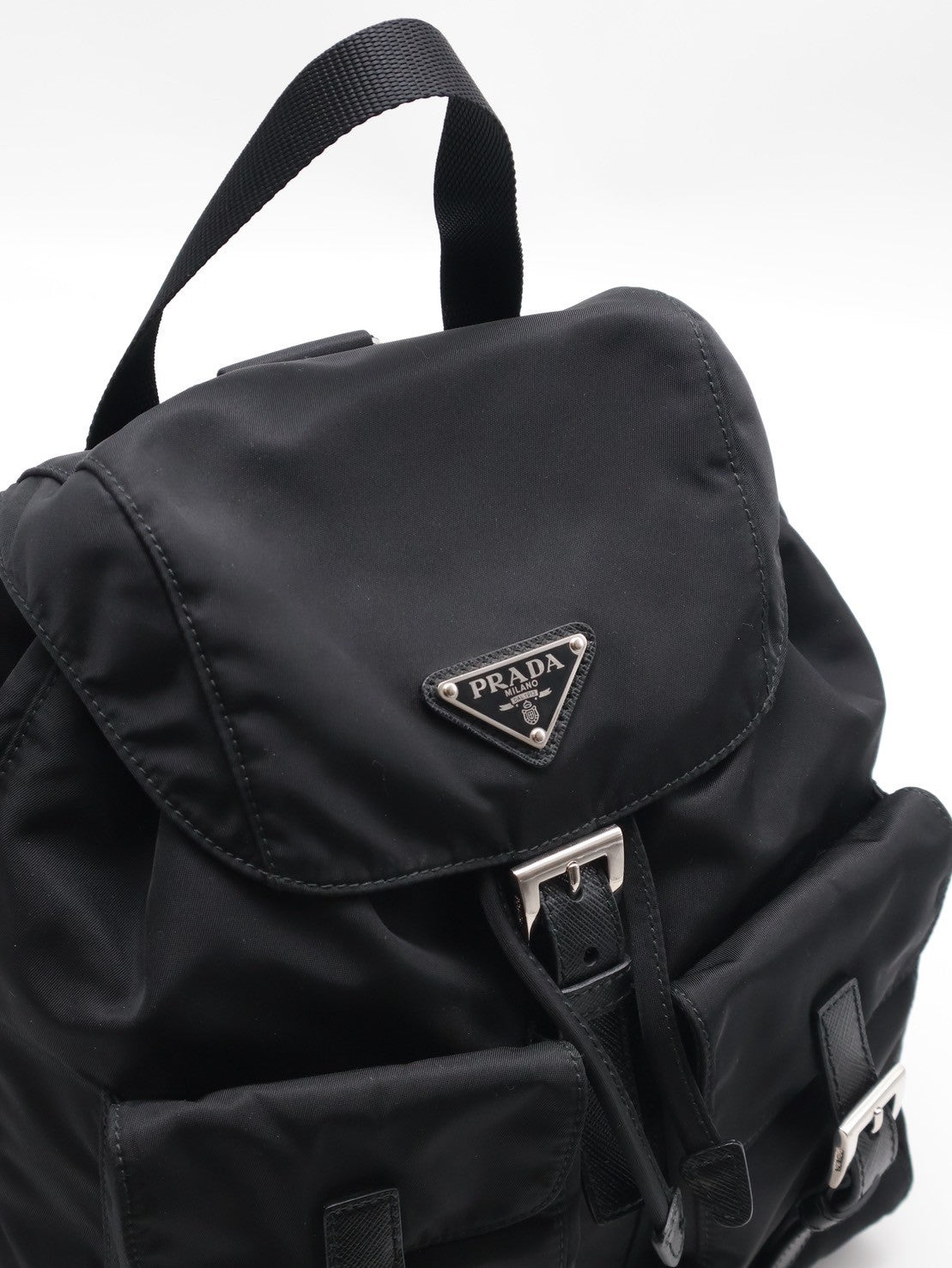 PRADA Re-Nylon雙口袋束繩後背包 - 小號黑銀
