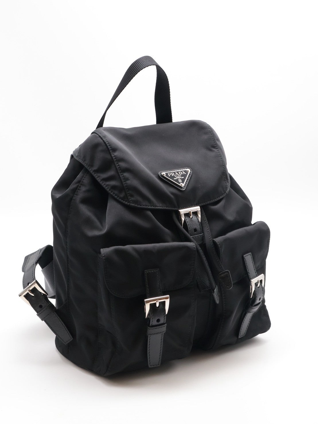 PRADA Re-Nylon雙口袋束繩後背包 - 小號黑銀
