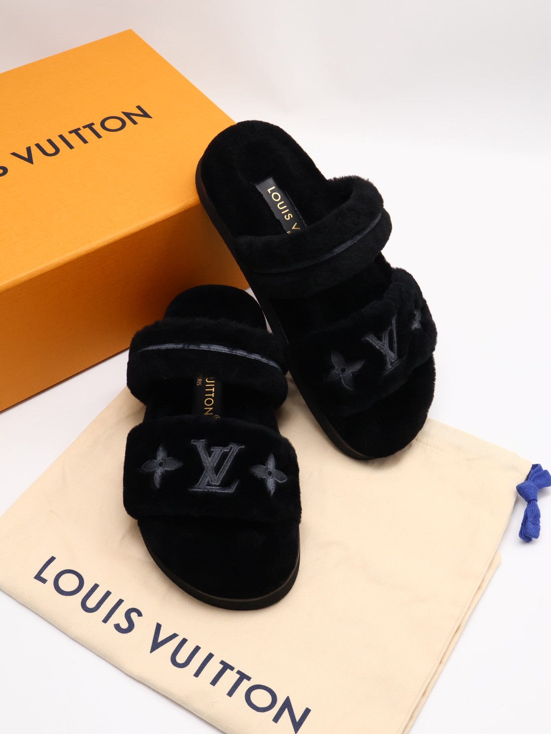 LOUIS VUITTON Sunset 平底毛毛穆勒涼鞋 - 黑 36