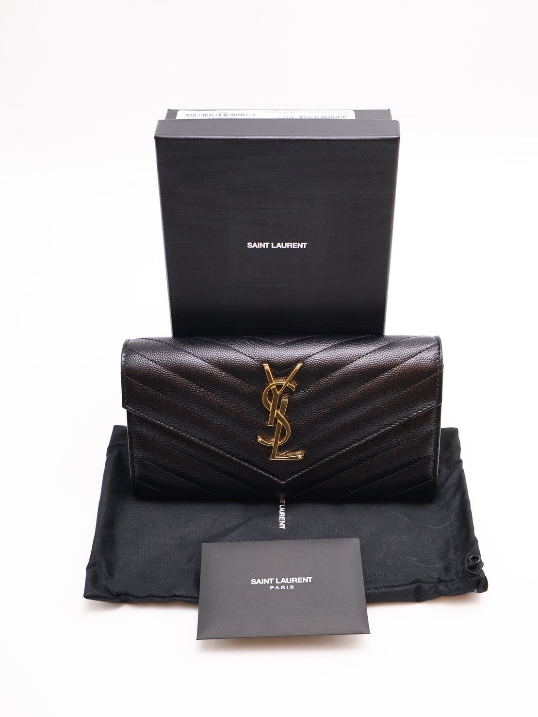 YSL 經典V紋粒面牛皮長夾 - 黑金