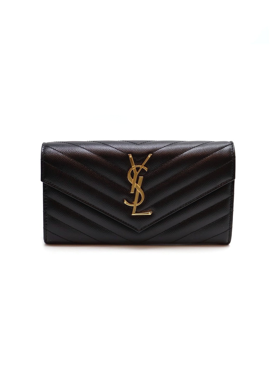 YSL 經典V紋粒面牛皮長夾 - 黑金