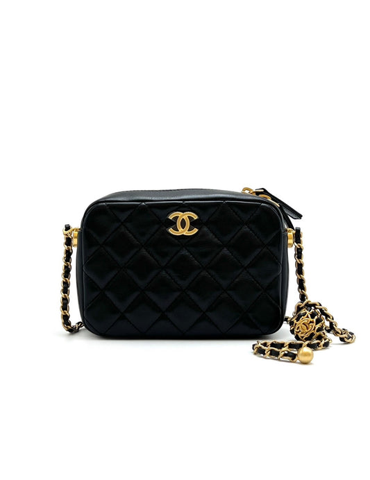 CHANEL 小羊皮迷你相機包 - 編織金球黑金