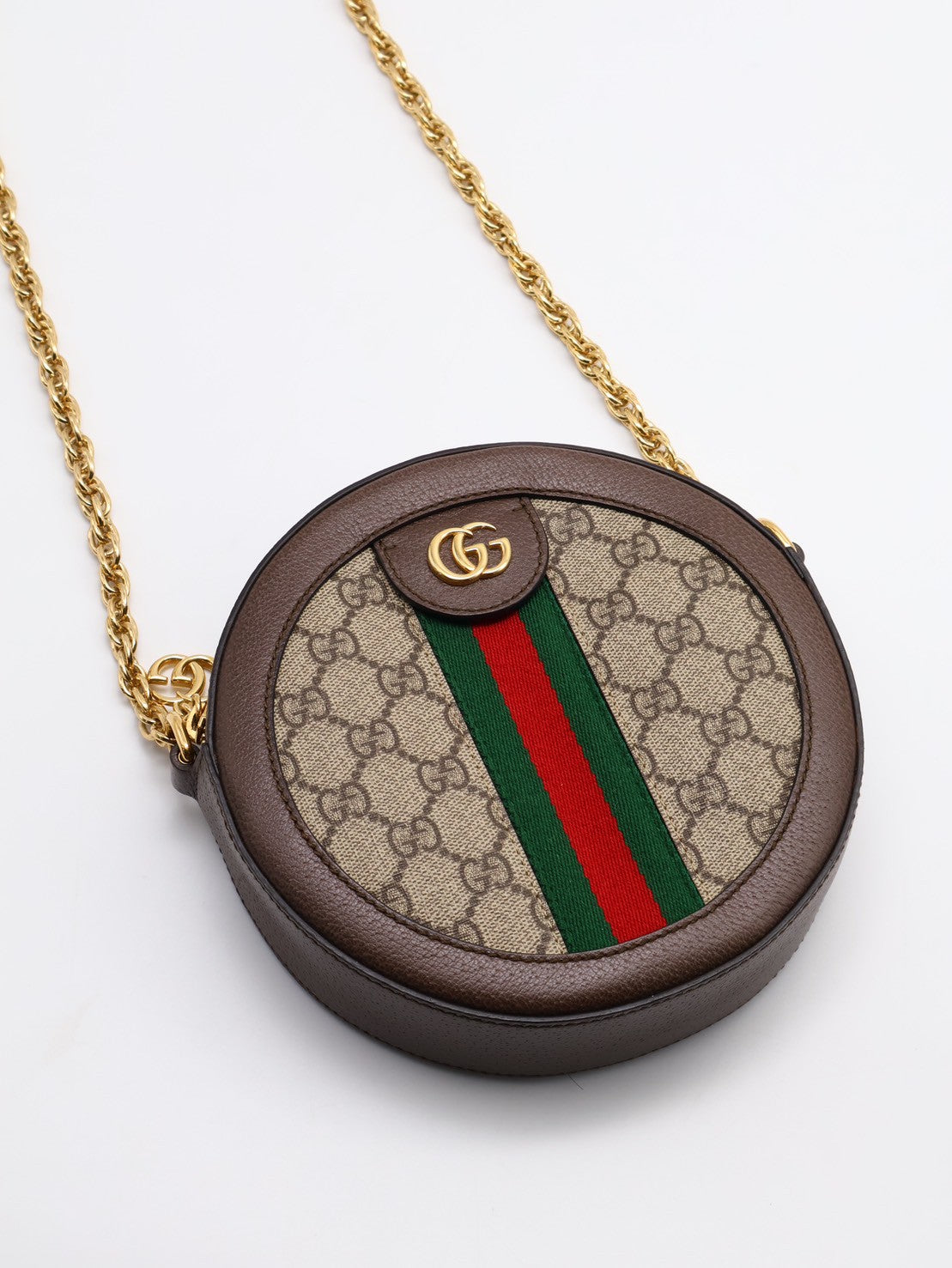 GUCCI 紅綠織帶老花迷你圓餅包 - 烏木