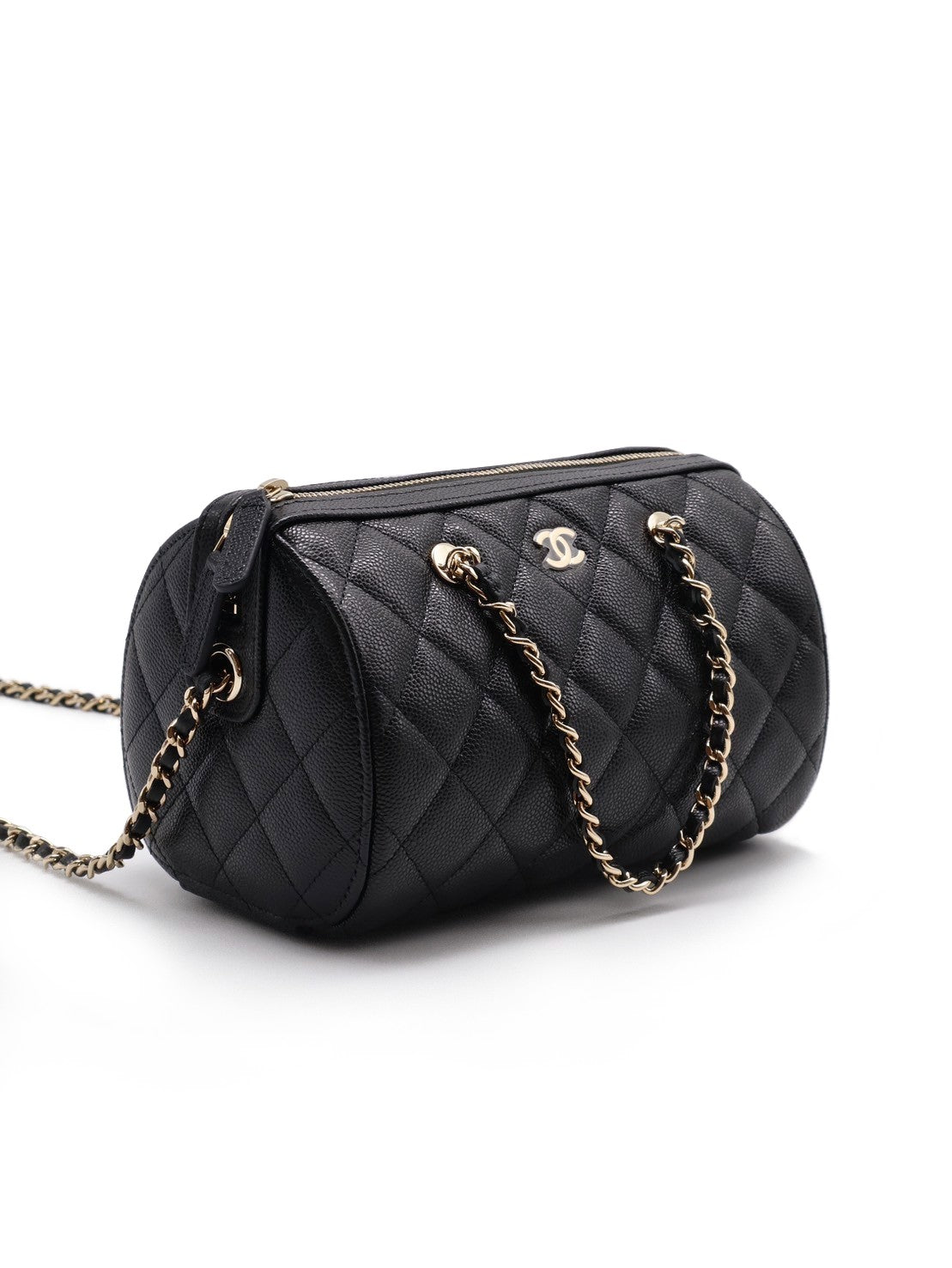 CHANEL 菱格紋粒面牛皮保齡球包 - 黑金