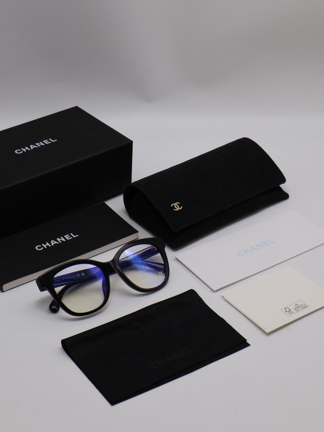 CHANEL 菱格紋鏡腳抗藍光眼鏡 - 黑
