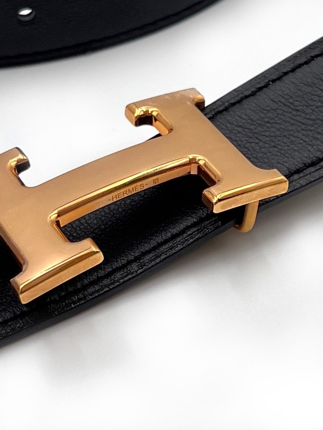 HERMES H玫瑰金皮帶釦雙面腰帶 - 大象灰配黑