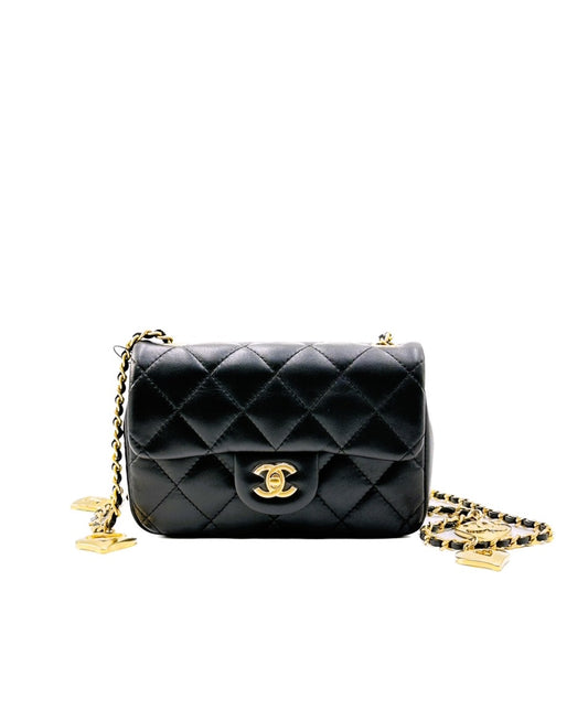 CHANEL 經典口蓋包 Mini CF20 - 愛心鍊條黑金