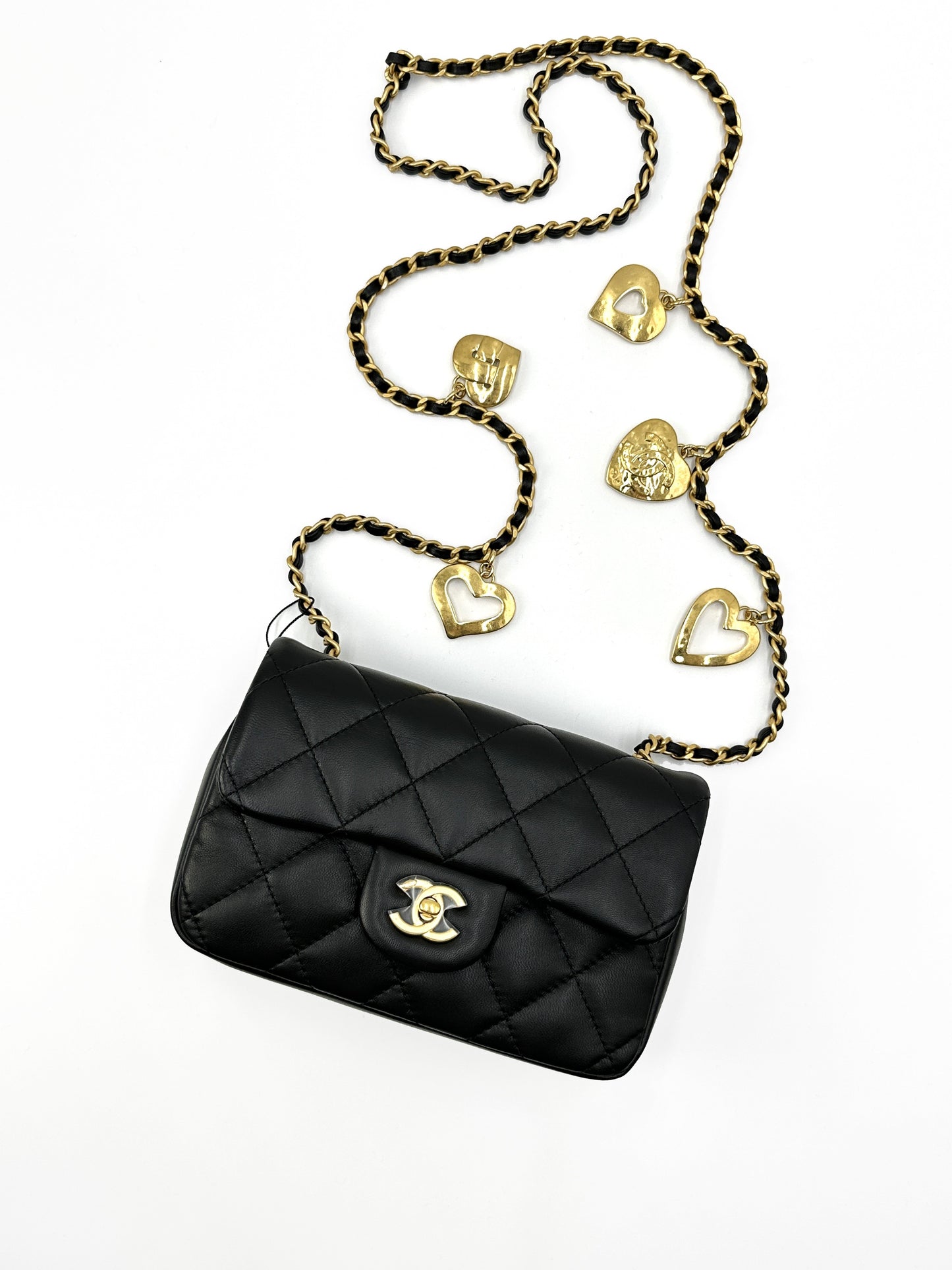 CHANEL 經典口蓋包 Mini CF20 - 愛心鍊條黑金