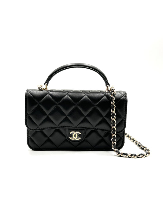 CHANEL 23ss 羊皮手提口蓋包- 黑淡金