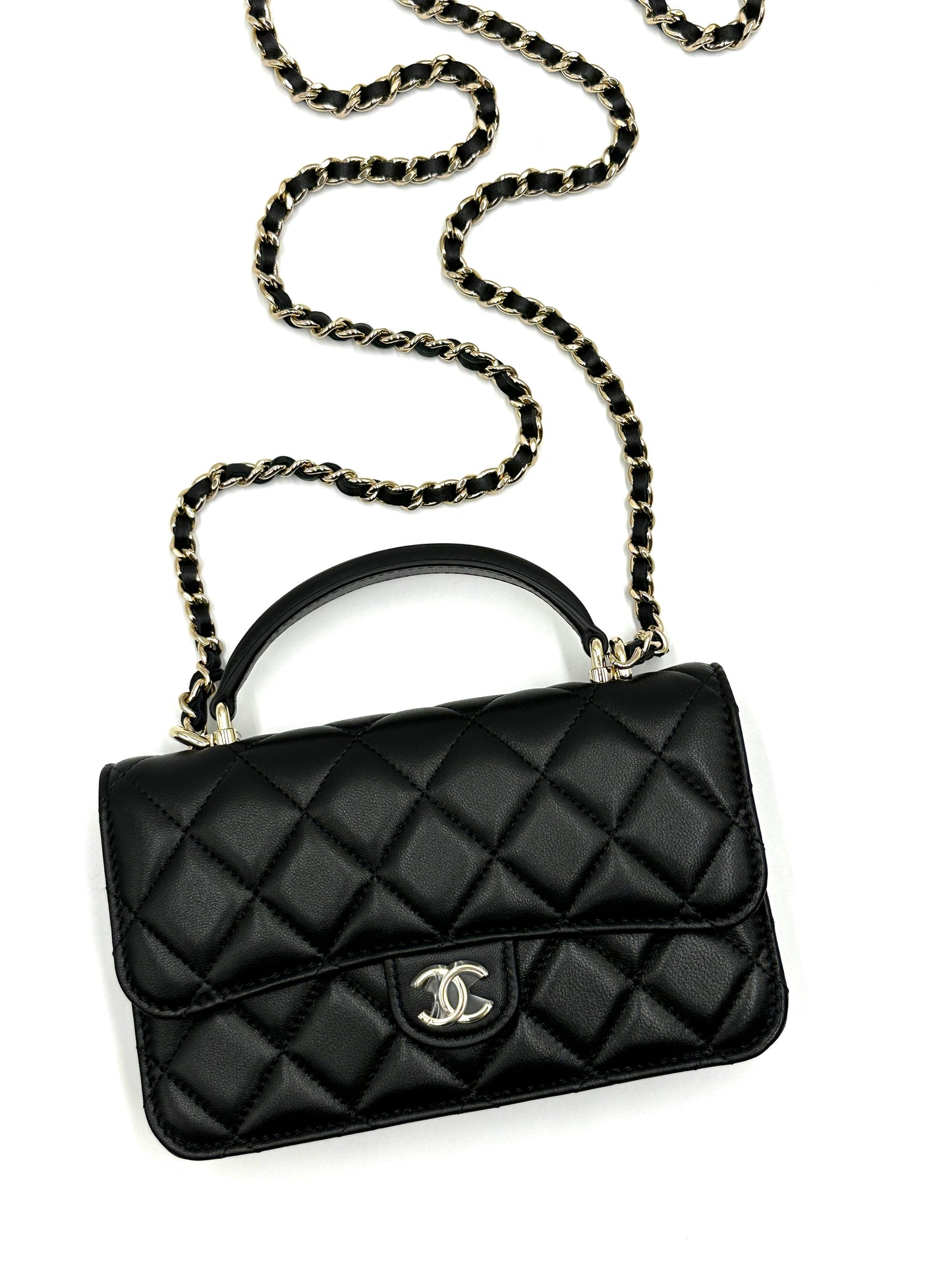 CHANEL 23ss 羊皮手提口蓋包- 黑淡金