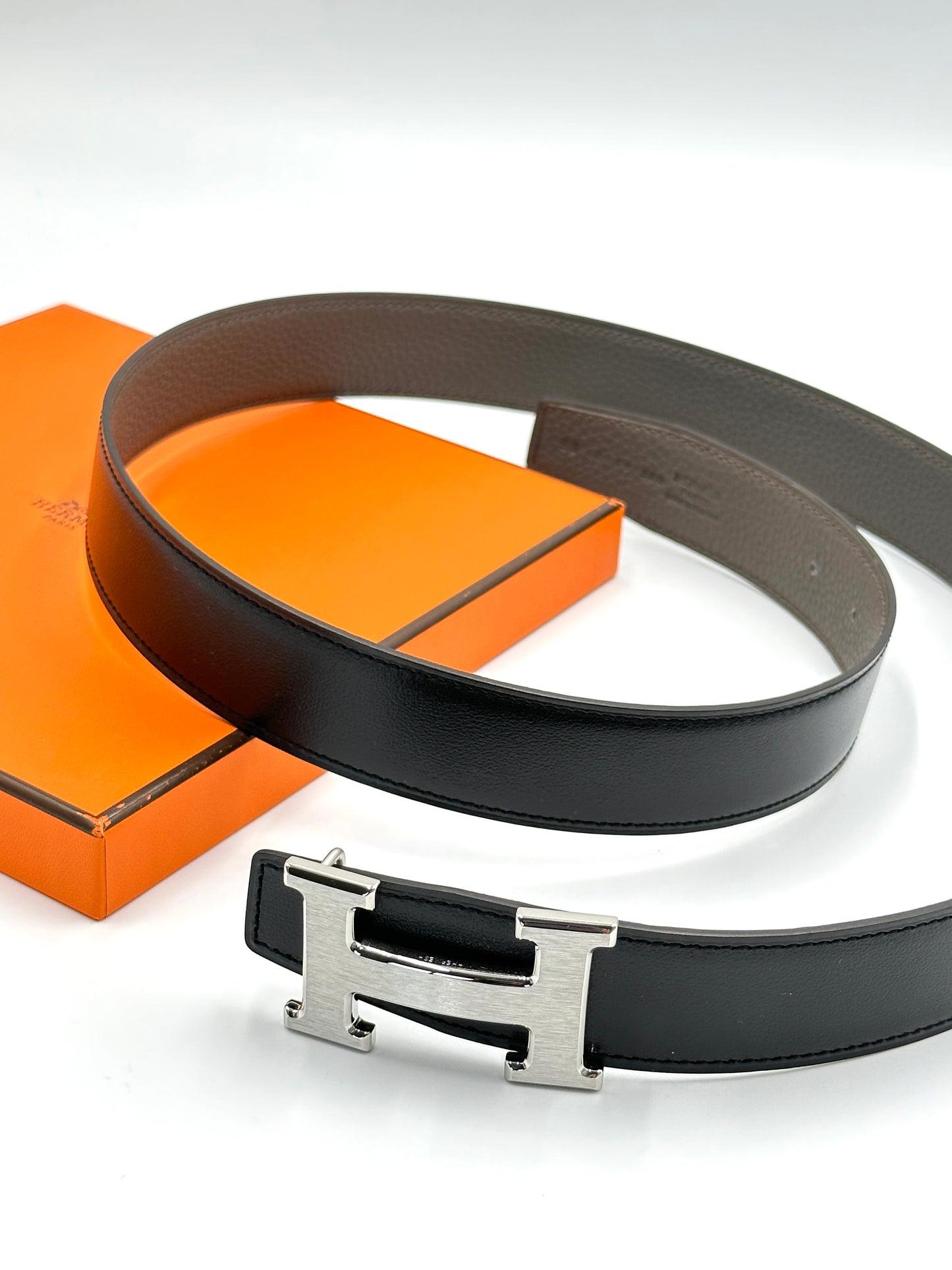 HERMES H銀皮帶釦雙面腰帶 - 灰配黑
