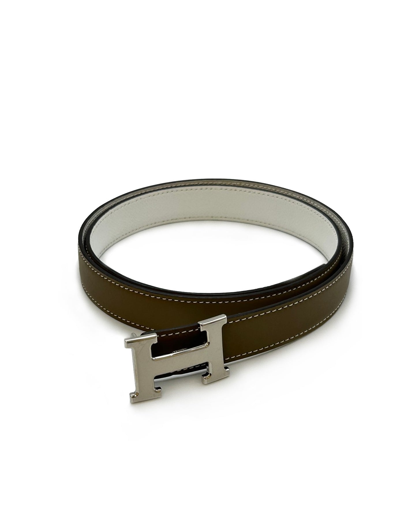 HERMES H銀皮帶釦雙面腰帶 - 象灰拚白