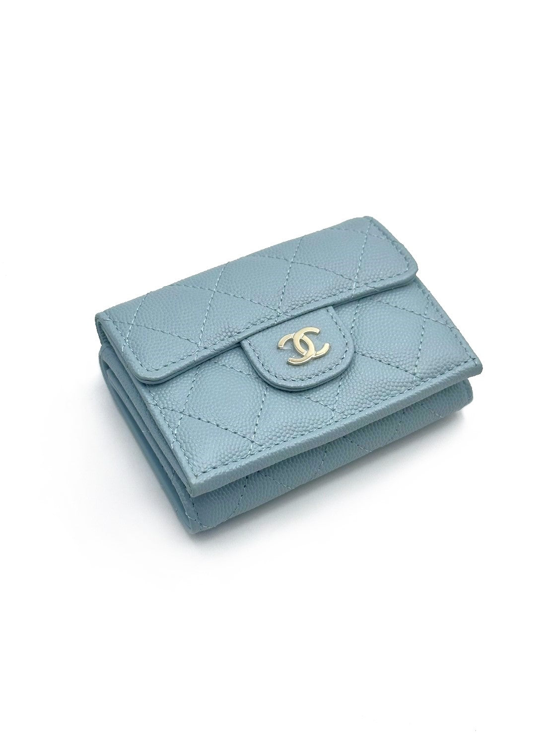CHANEL 經典口蓋Mini三折短夾 - 寶寶藍金31開