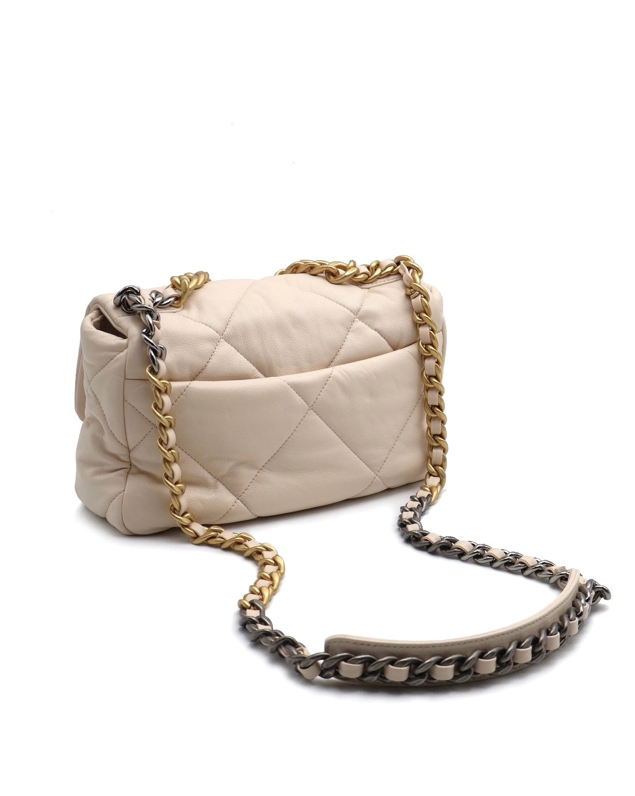 CHANEL 19 Bag 菱格紋羊皮手提肩背包 26 - 米金