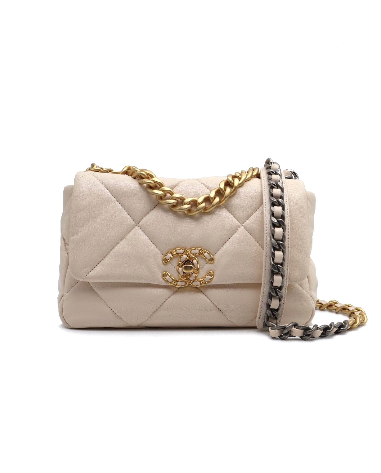CHANEL 19 Bag 菱格紋羊皮手提肩背包 26 - 米金
