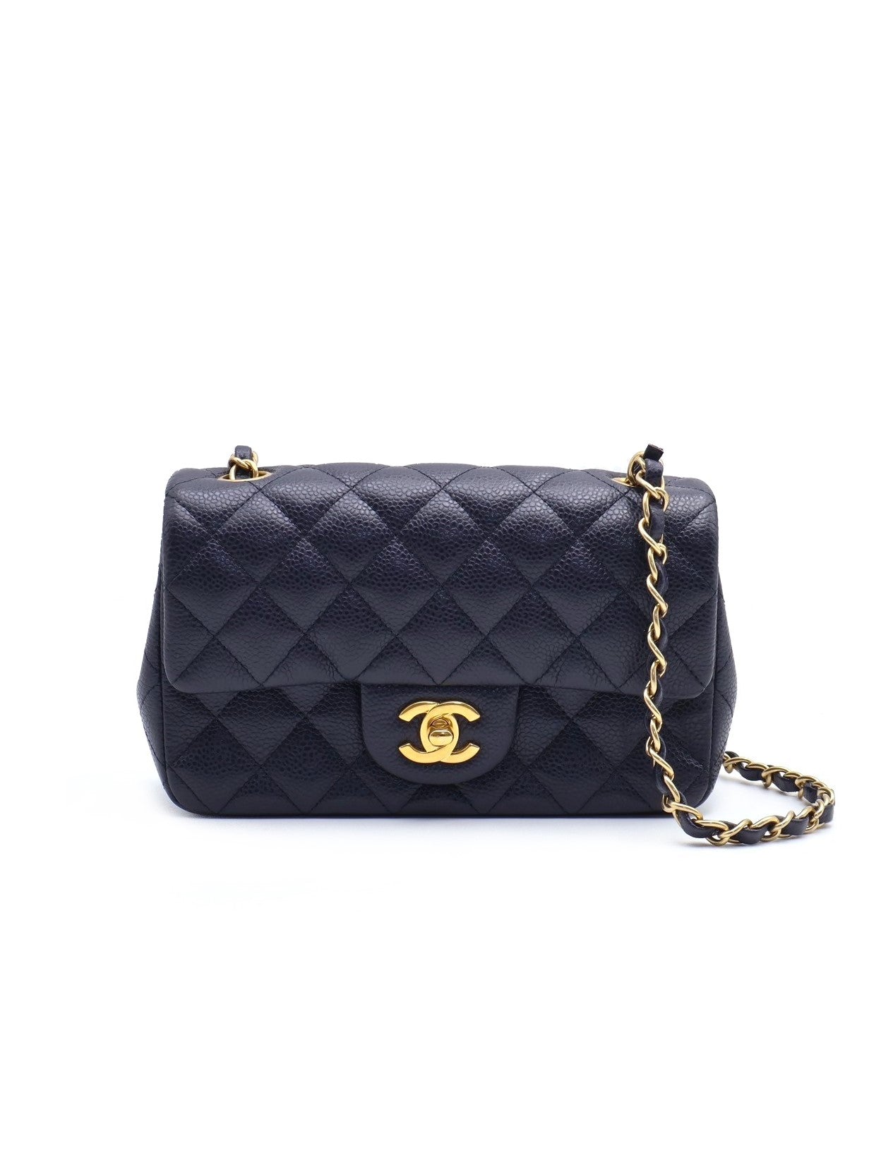 CHANEL 經典口蓋包 Mini CF20 - 粒面牛皮深藍金21開