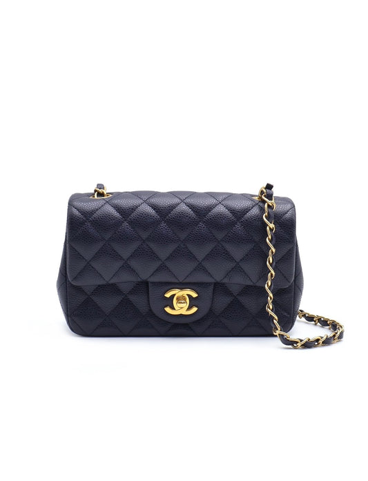 CHANEL 經典口蓋包 Mini CF20 - 粒面牛皮深藍金21開