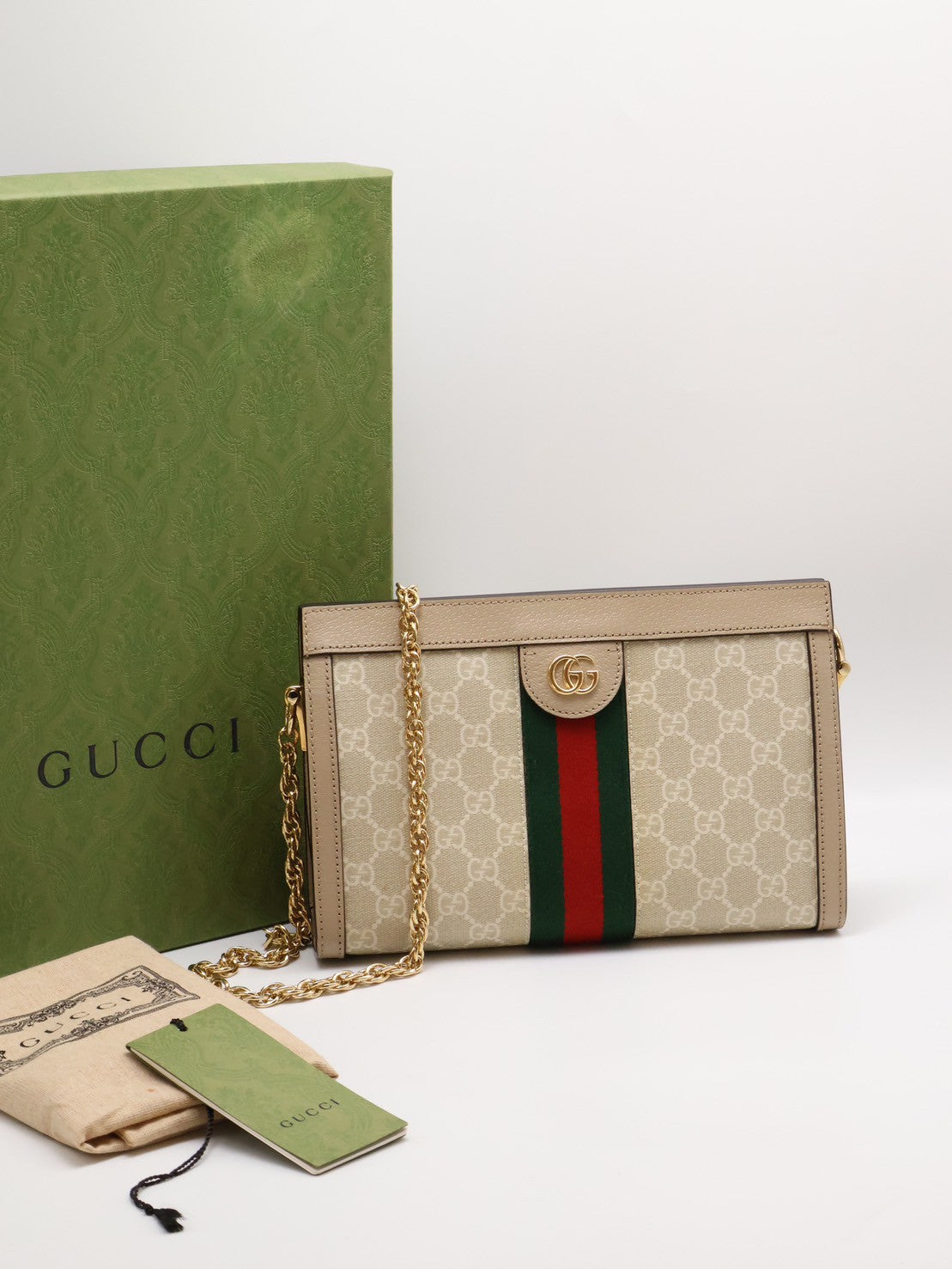 GUCCI Ophidia紅綠織帶夾子包- 中號米