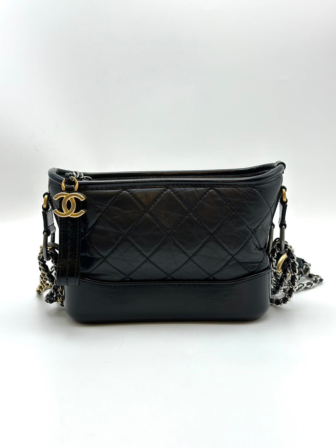 CHANEL 皮穿鏈字母手柄流浪包 - 小號黑金29開