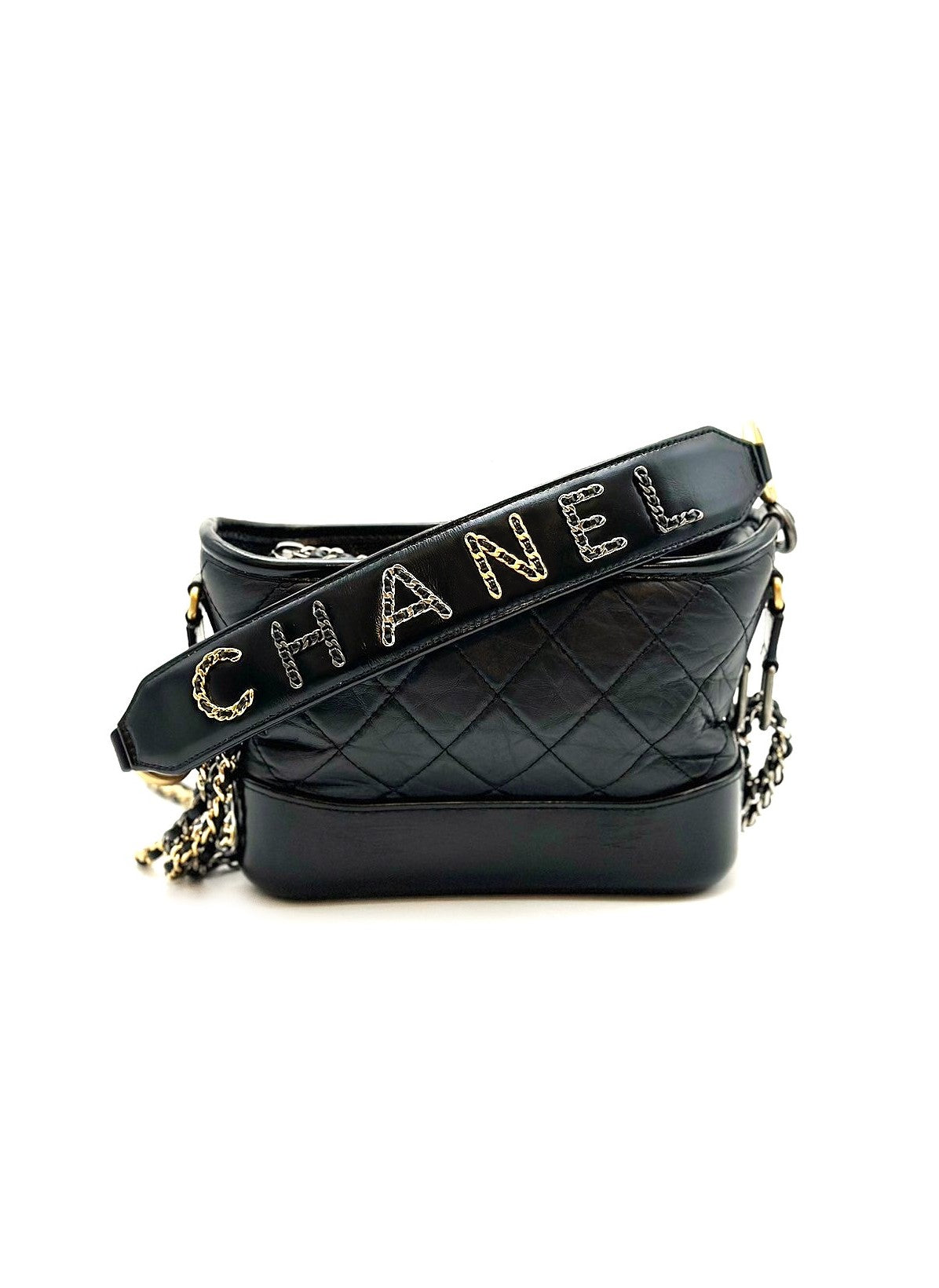 CHANEL 皮穿鏈字母手柄流浪包 - 小號黑金29開