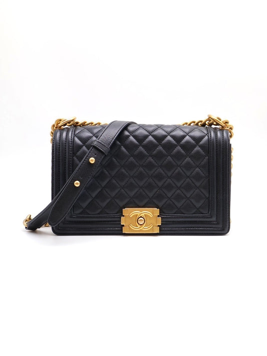 CHANEL Boy25 粒面牛皮口蓋包- 黑金30開